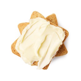 Photo of Slices of dry bread with butter isolated on white, top view