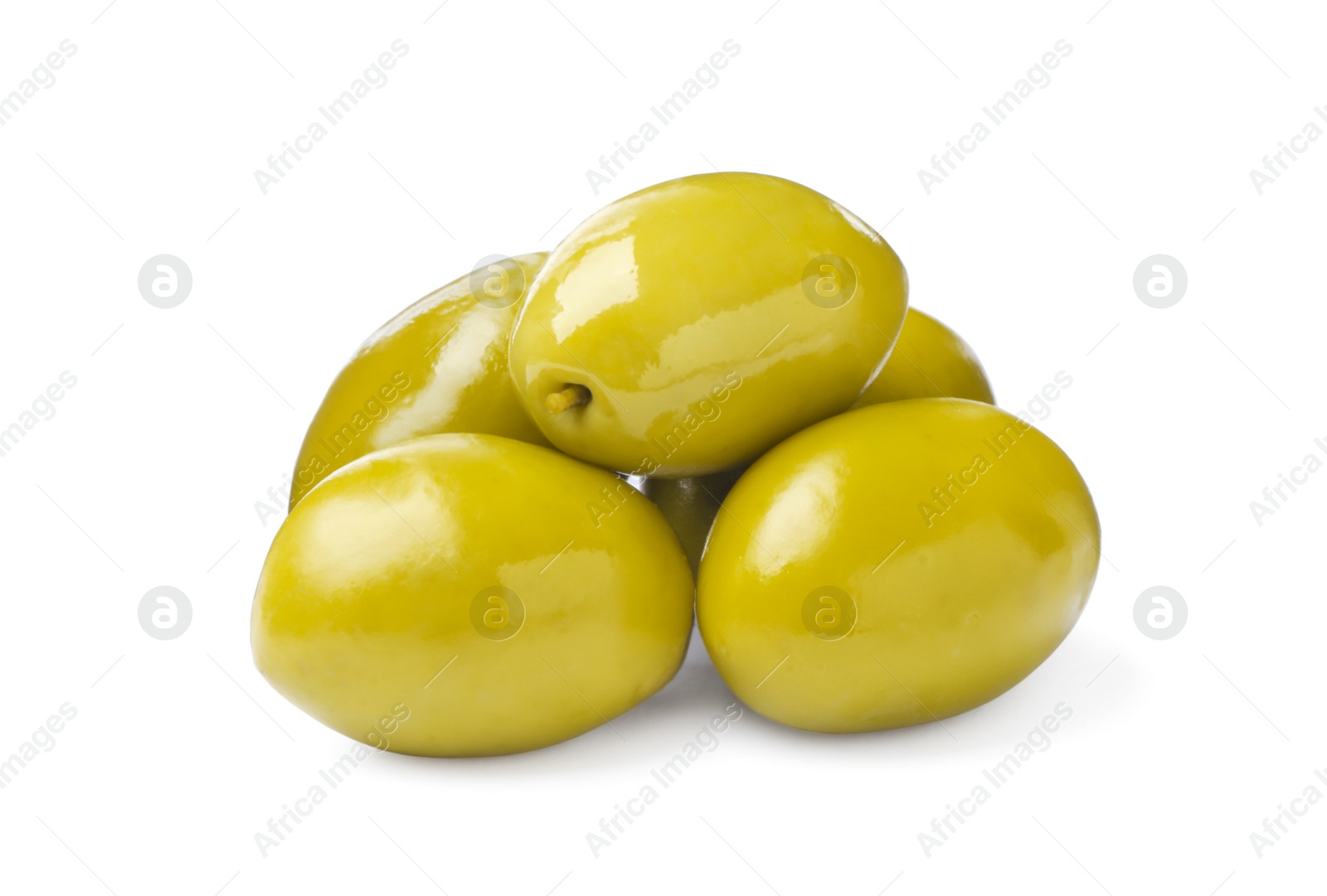 Photo of Many fresh green olives on white background