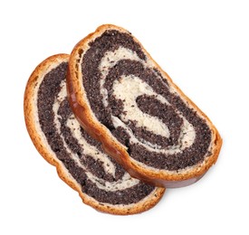 Photo of Slices of poppy seed roll isolated on white, top view. Tasty cake