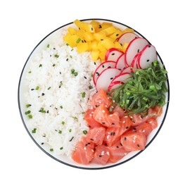 Photo of Delicious poke bowl with salmon and vegetables isolated on white, top view