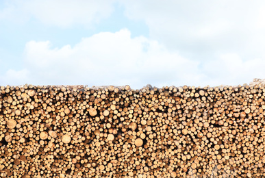 Photo of Stacked firewood outdoors. Heating house in winter