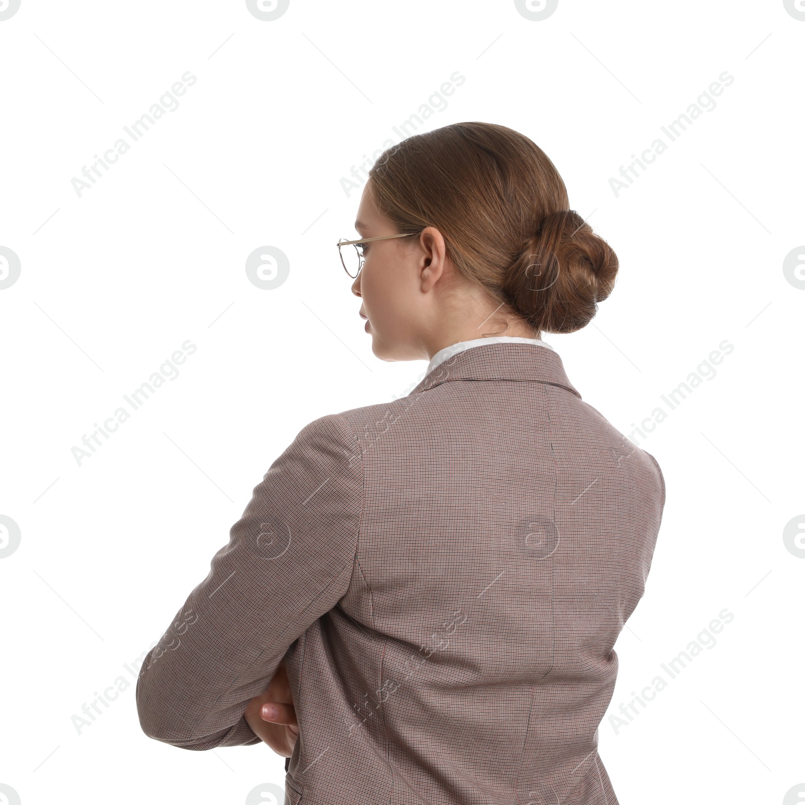 Photo of Young businesswoman in suit on white background