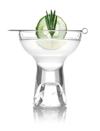 Glass of tasty martini with cucumber and rosemary on white background