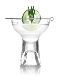 Photo of Glass of tasty martini with cucumber and rosemary on white background