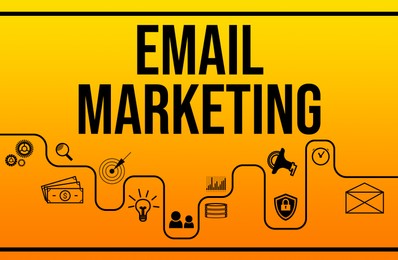 Illustration of Email marketing. Icons and words on orange gradient background
