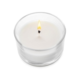 Burning small wax candle in glass holder isolated on white