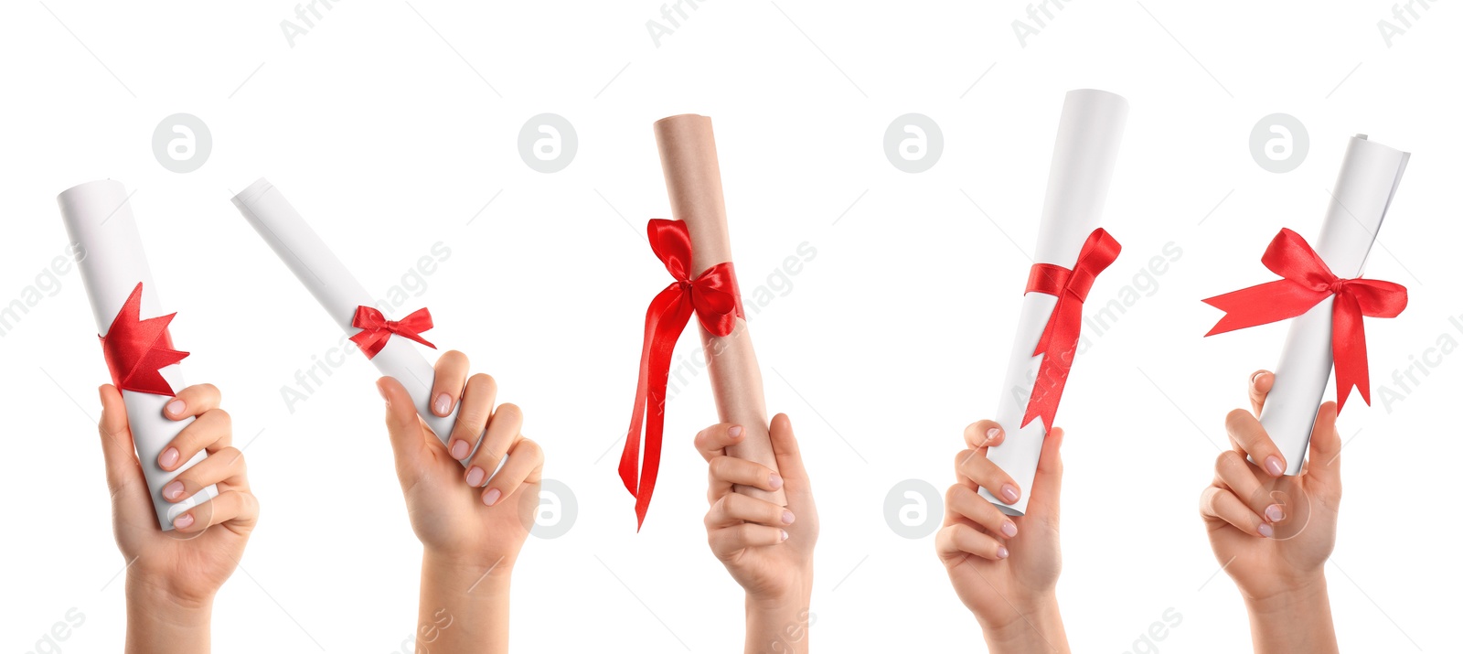 Image of Collage with photos of students holding diplomas on white background, closeup. Banner design