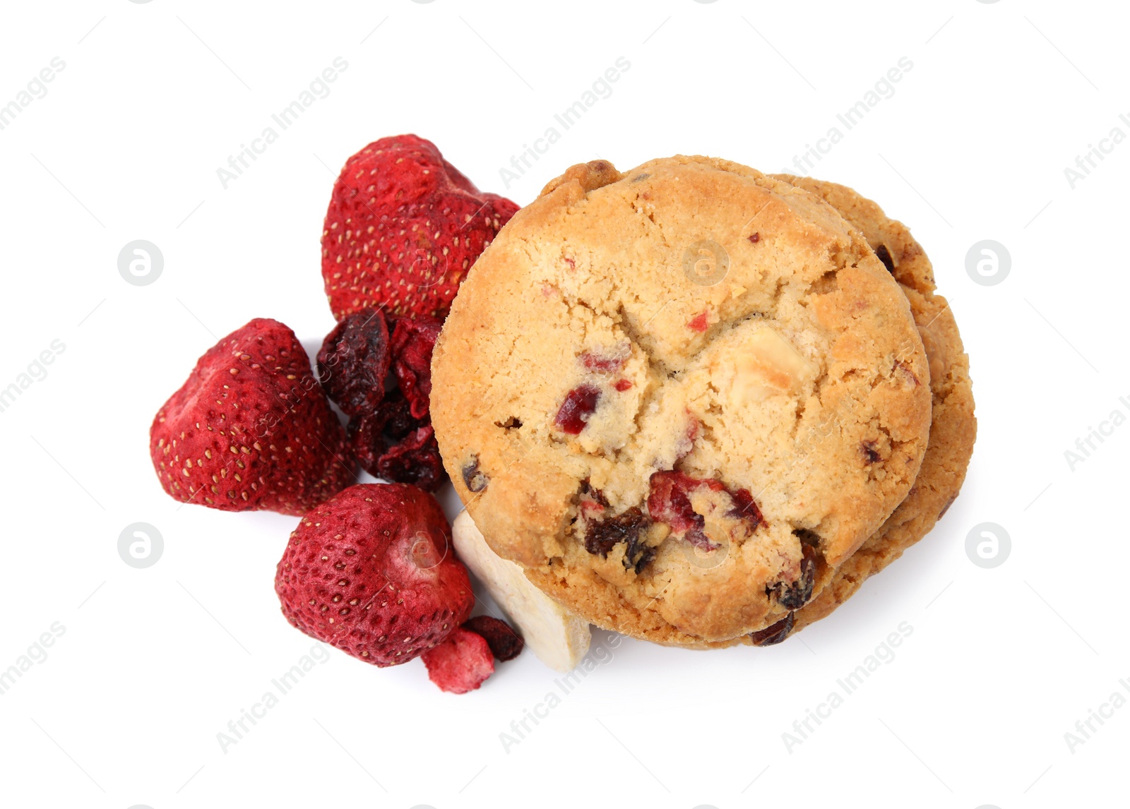 Cookies and freeze dried fruits isolated on white, top view Photo of Cookies and freeze dried fruits isolated on white, top view