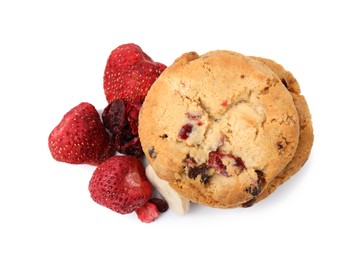 Photo of Cookies and freeze dried fruits isolated on white, top view