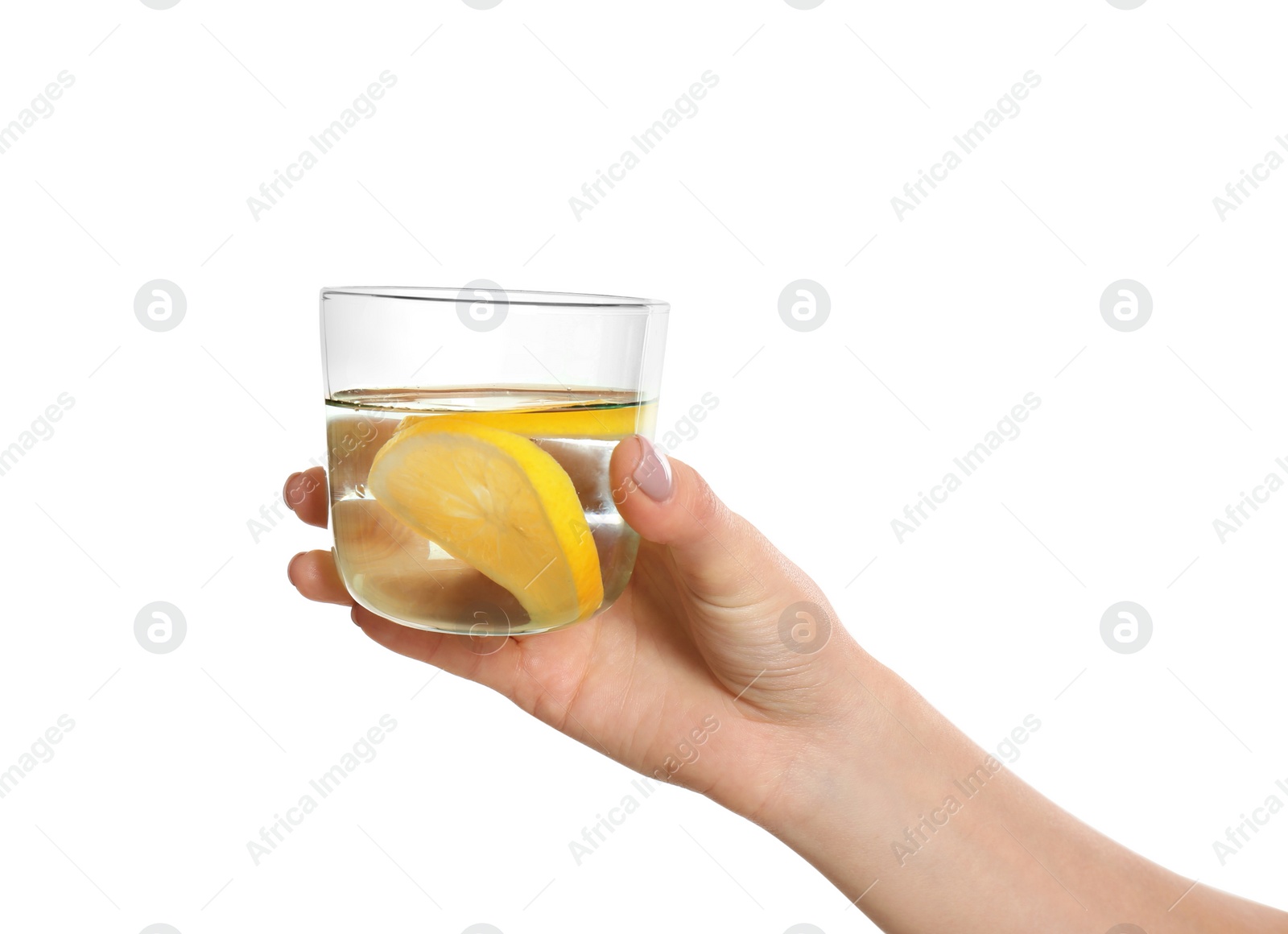 Photo of Woman with tasty lemon water on white background, closeup