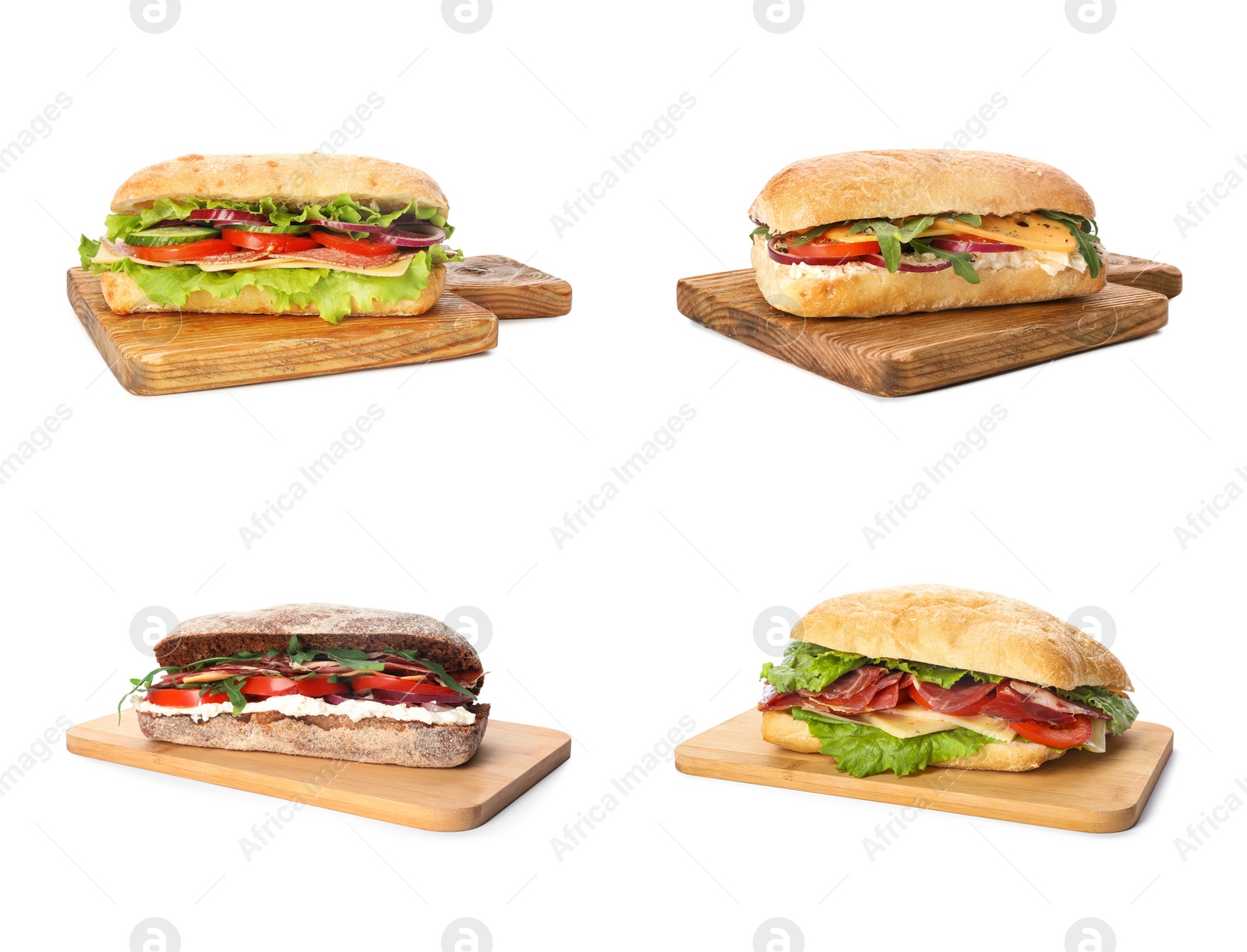 Image of Set of delicious sandwiches on white background