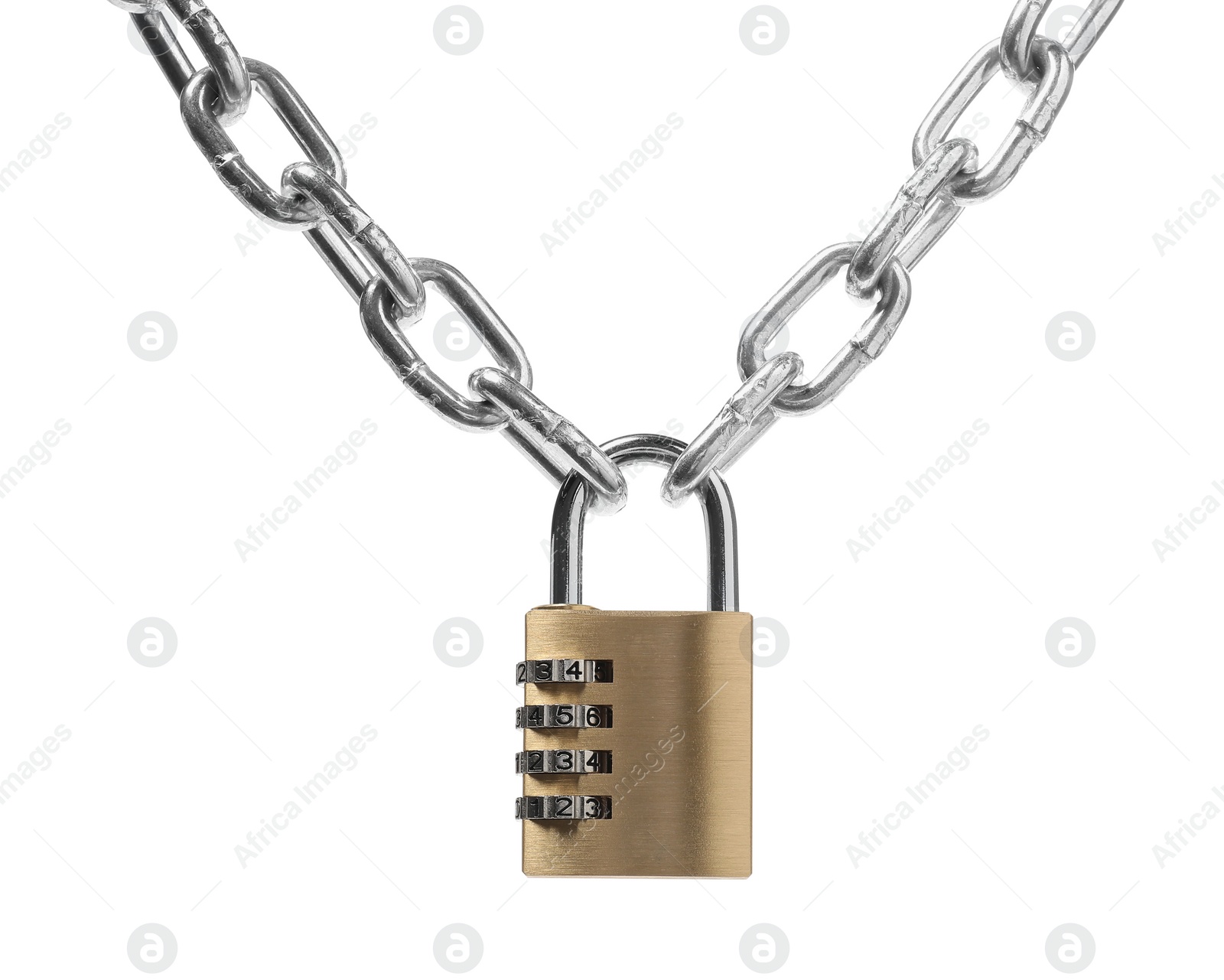 Photo of Steel combination padlock and chain isolated on white