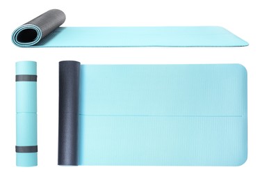 Image of Set with turquoise camping mats on white background 