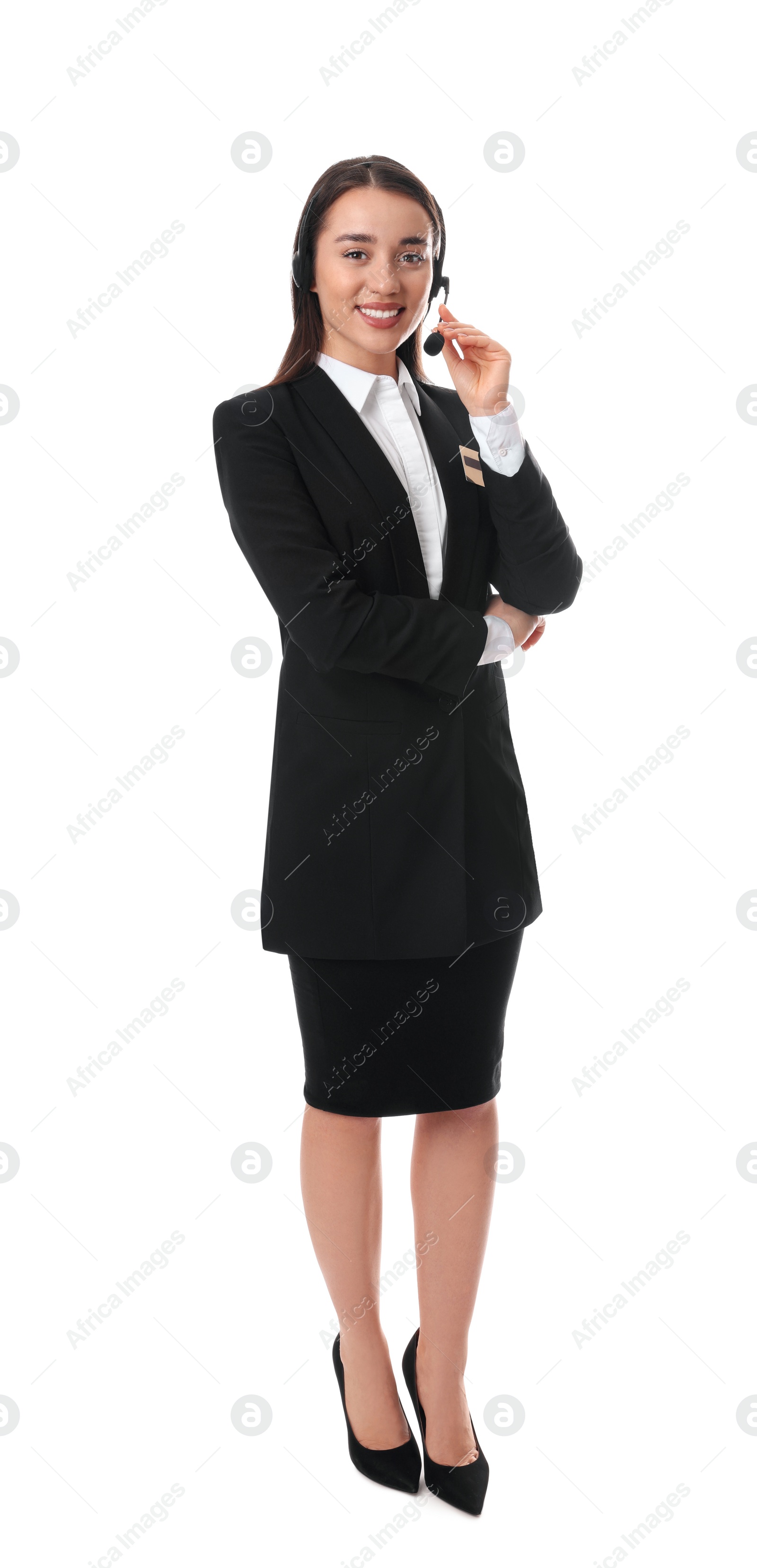 Photo of Full length portrait of receptionist with headset on white background