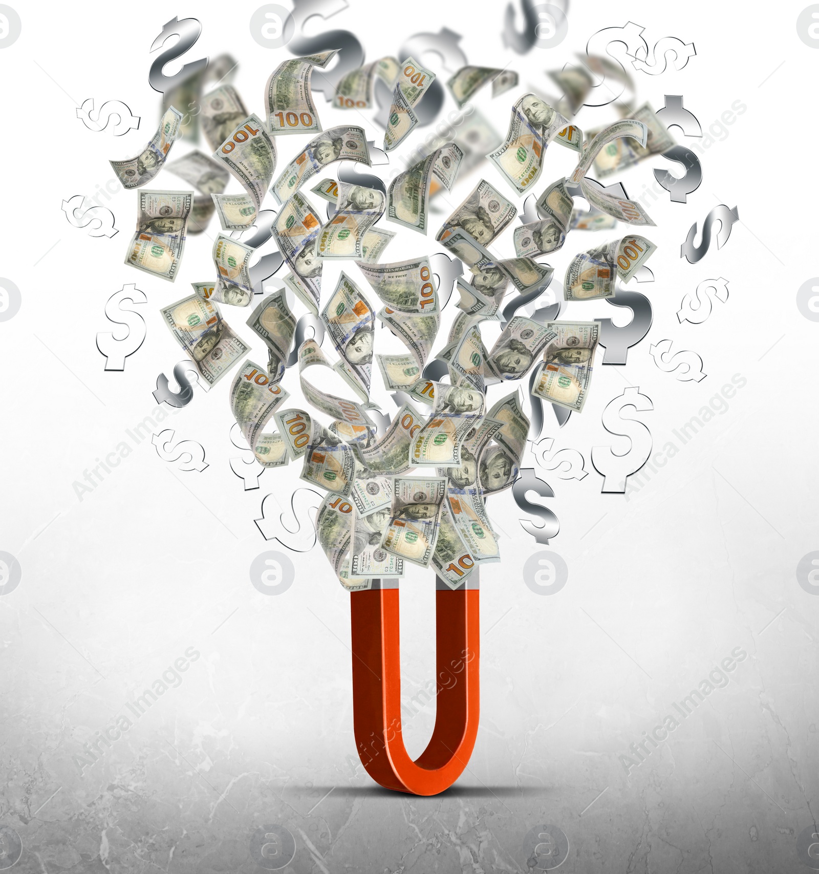 Image of Red horseshoe magnet attracting dollar banknotes and signs on grey background