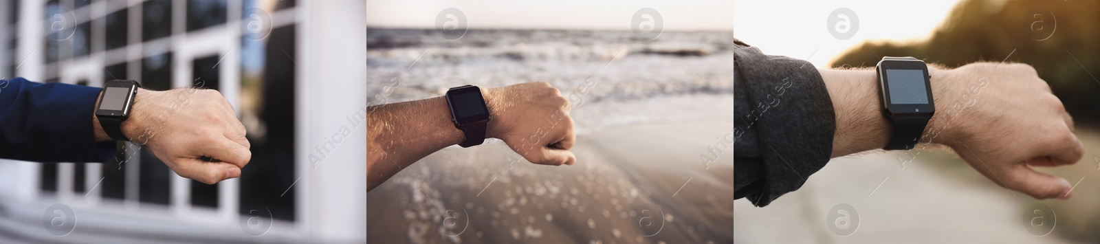 Image of Photos of men using different smart watches, closeup. Collage design 