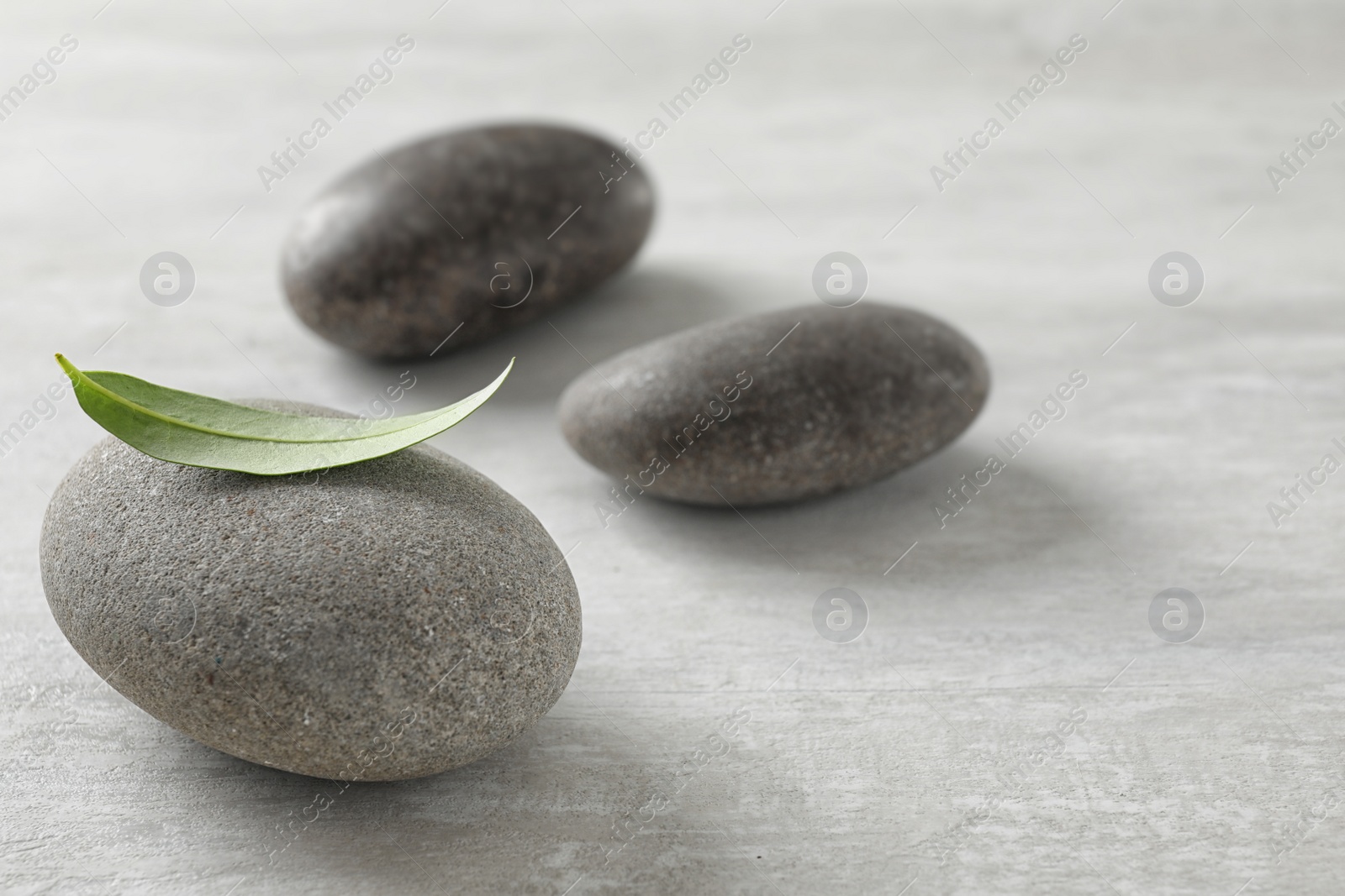 Photo of Spa stones with green leaf on grey background. Space for text