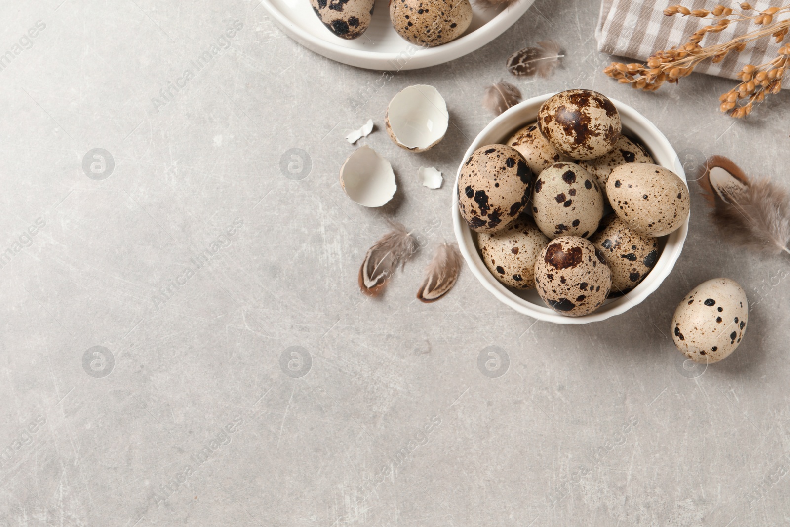 Photo of Flat lay composition with quail eggs on light grey table. Space for text