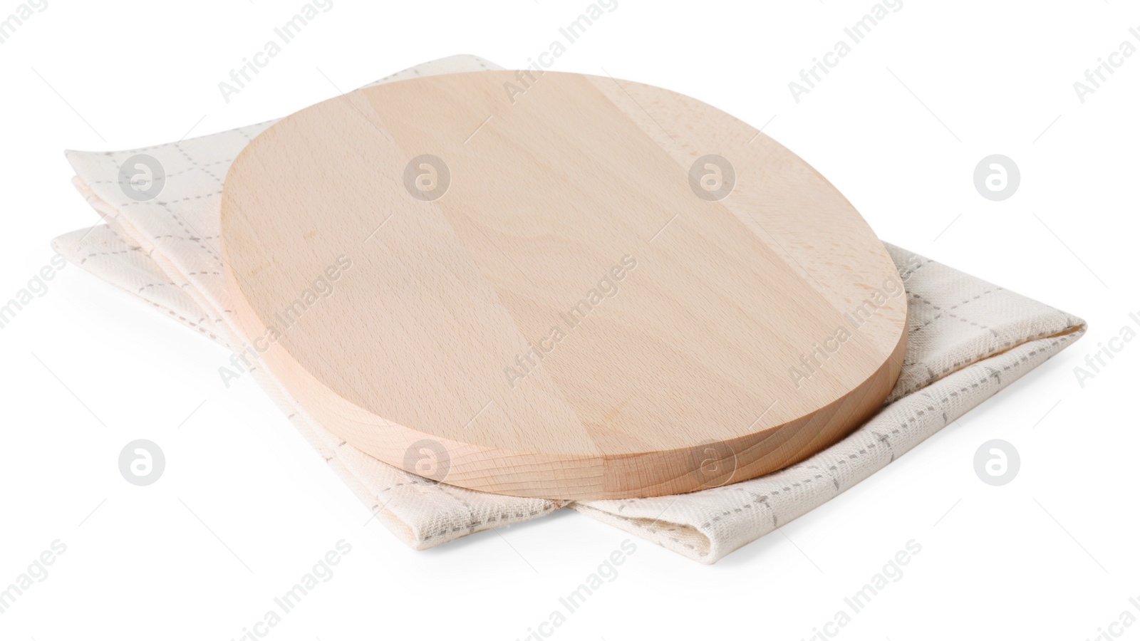 Photo of Wooden cutting board and checkered towel on white background