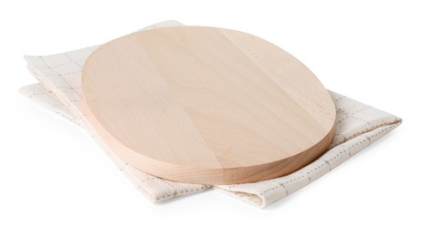 Photo of Wooden cutting board and checkered towel on white background