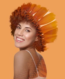 Image of Double exposure of beautiful woman and blooming flowers on orange background