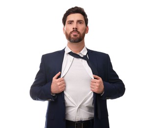 Photo of Confident businessman wearing superhero costume under suit on white background