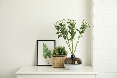 Photo of Decorative vase with flowers and houseplant on commode indoors
