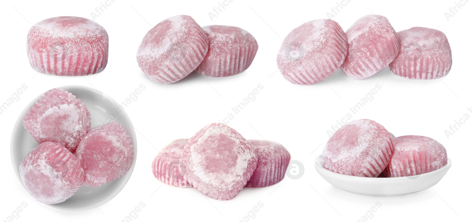 Image of Set with with delicious mochi on white background. Banner design