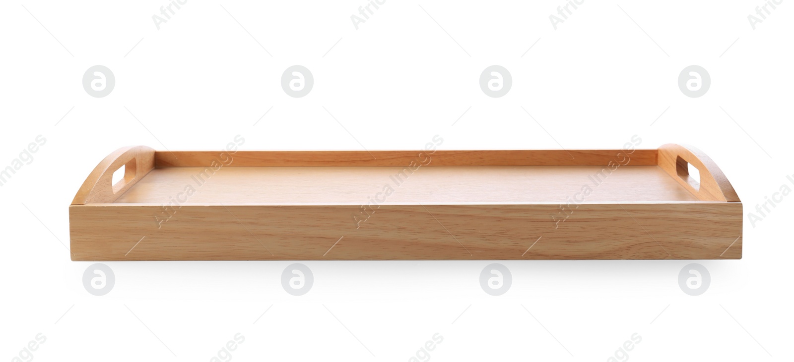 Photo of One empty wooden tray isolated on white