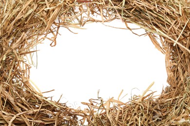 Photo of Frame made of dried hay on white background, top view. Space for text