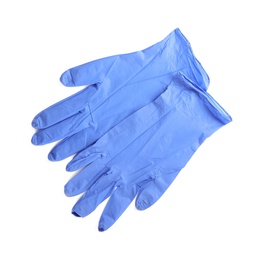 Photo of Pair of medical gloves isolated on white, top view