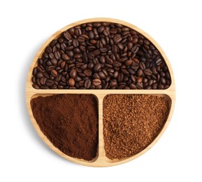 Photo of Wooden plate of beans, instant and ground coffee on white background, top view