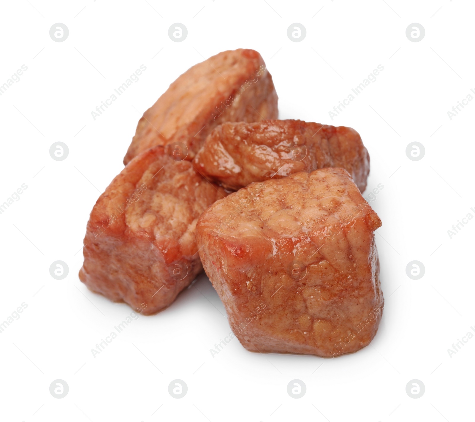 Photo of Pieces of delicious cooked beef isolated on white. Tasty goulash