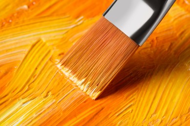 Photo of Painting beautiful strokes of colorful oil paints, closeup