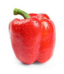 Photo of Wet ripe red bell pepper on white background