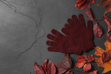 Stylish woolen gloves and dry leaves on black table, flat lay. Space for text