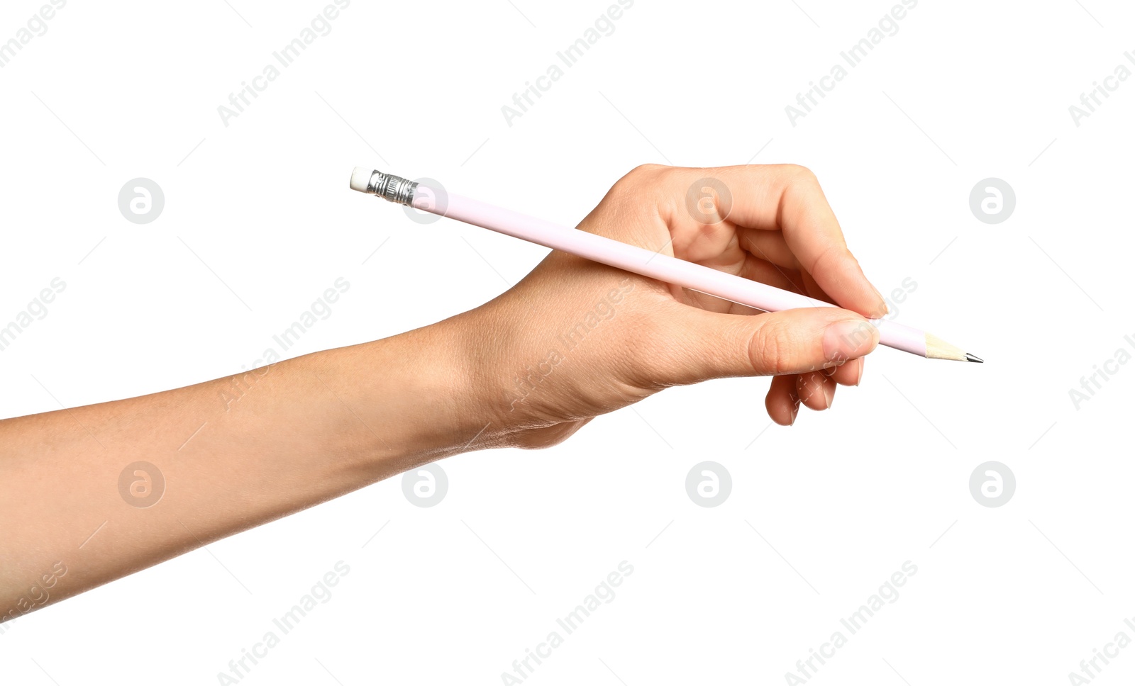 Photo of Young woman holding pencil on white background, closeup