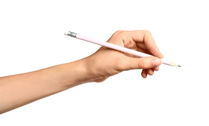 Photo of Young woman holding pencil on white background, closeup