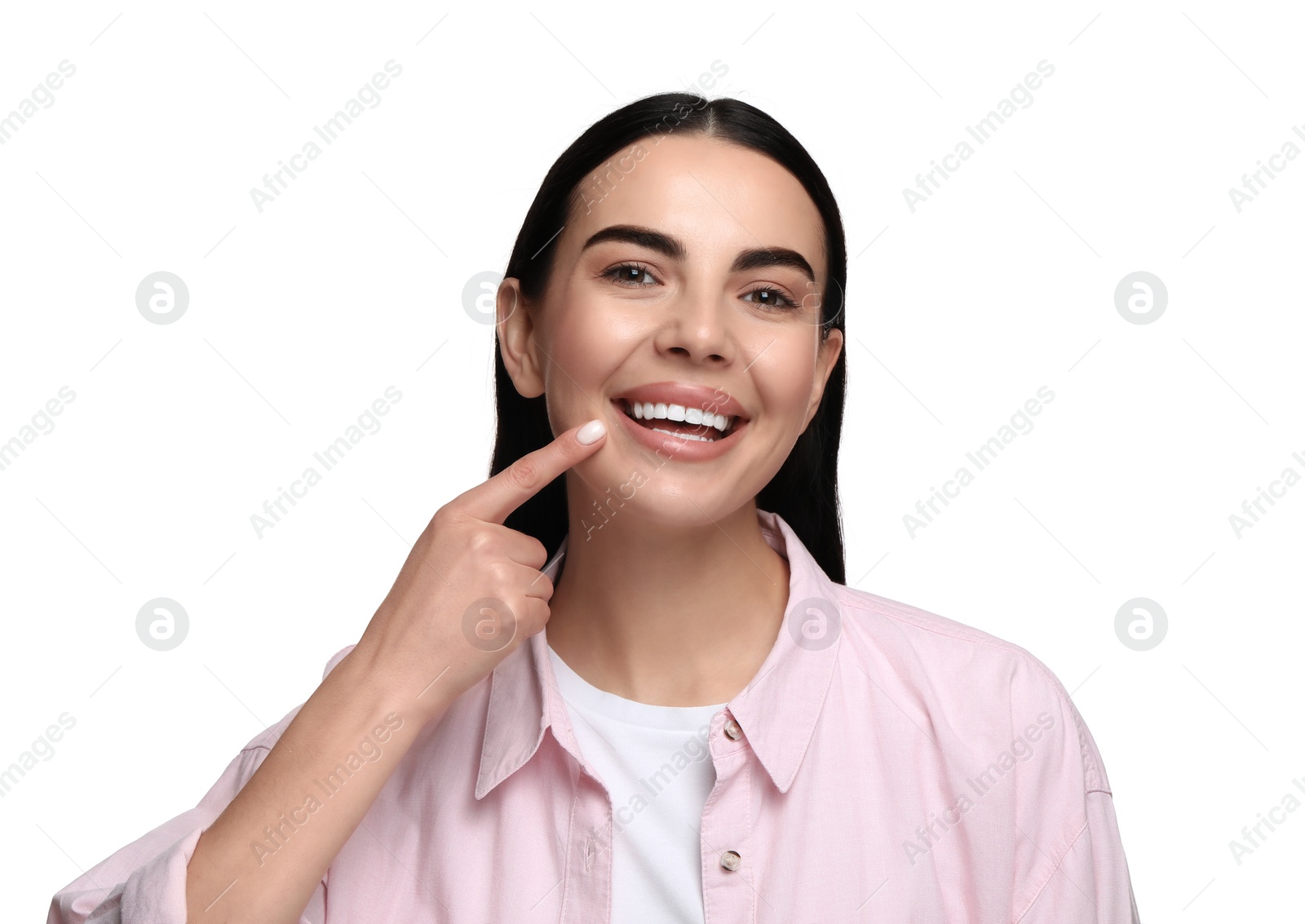 Photo of Beautiful woman with clean teeth smiling on white background