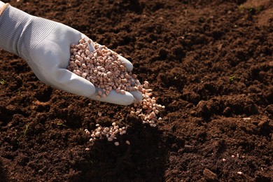 Photo of Man fertilizing soil, closeup. Space for text