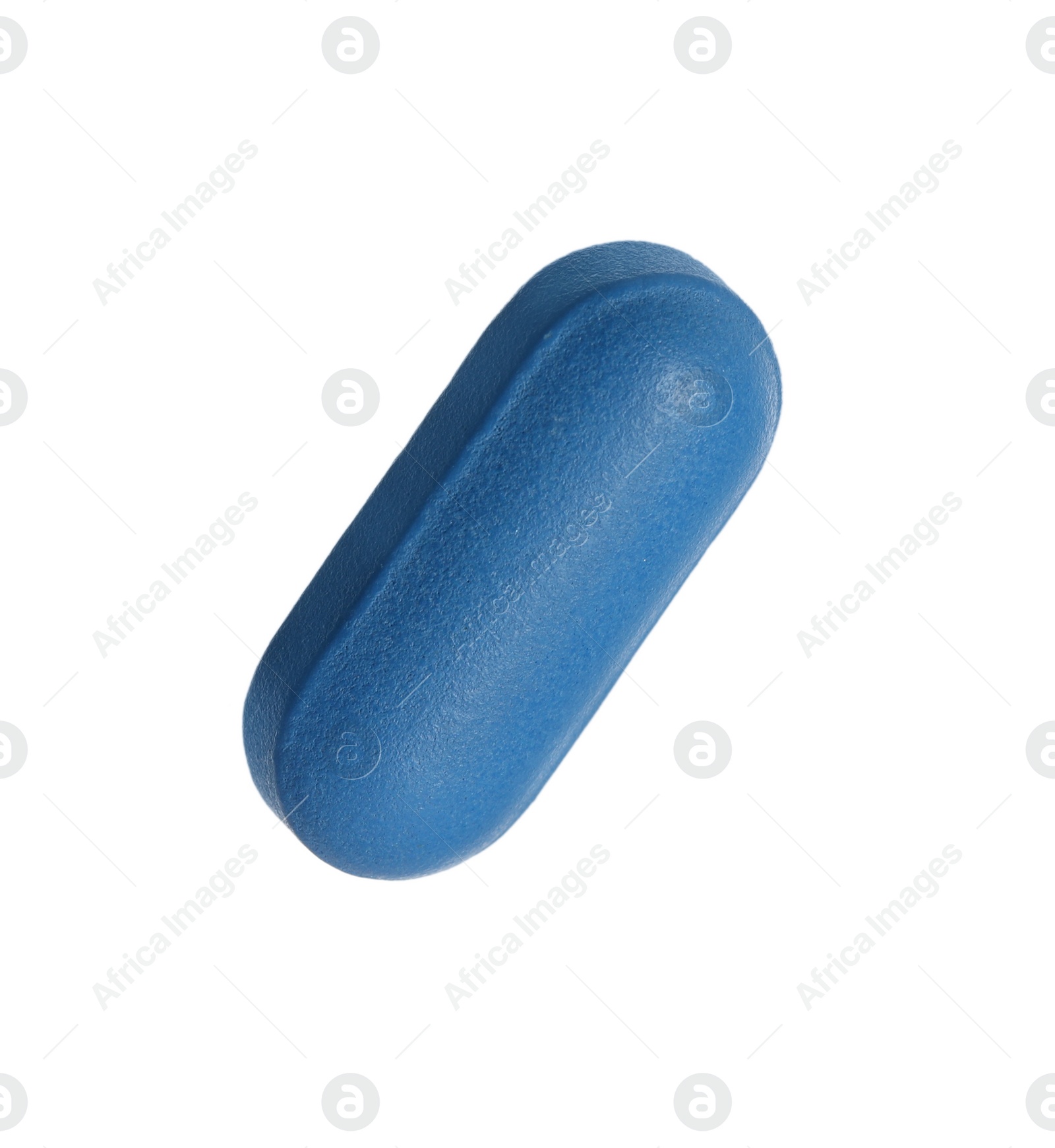 Photo of One blue pill on white background. Medicinal treatment