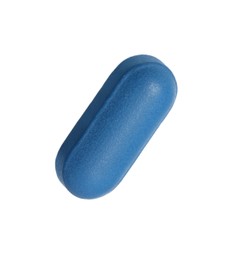 One blue pill on white background. Medicinal treatment