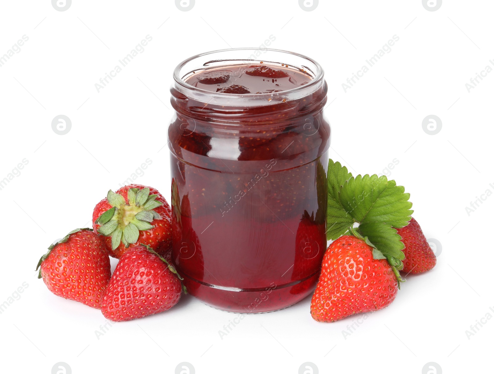 Photo of Delicious pickled strawberry jam and fresh berries isolated on white