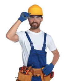 Professional builder in uniform with tool belt isolated on white