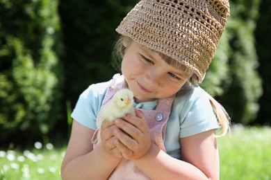 Cute little girl with chick outdoors. Baby animal