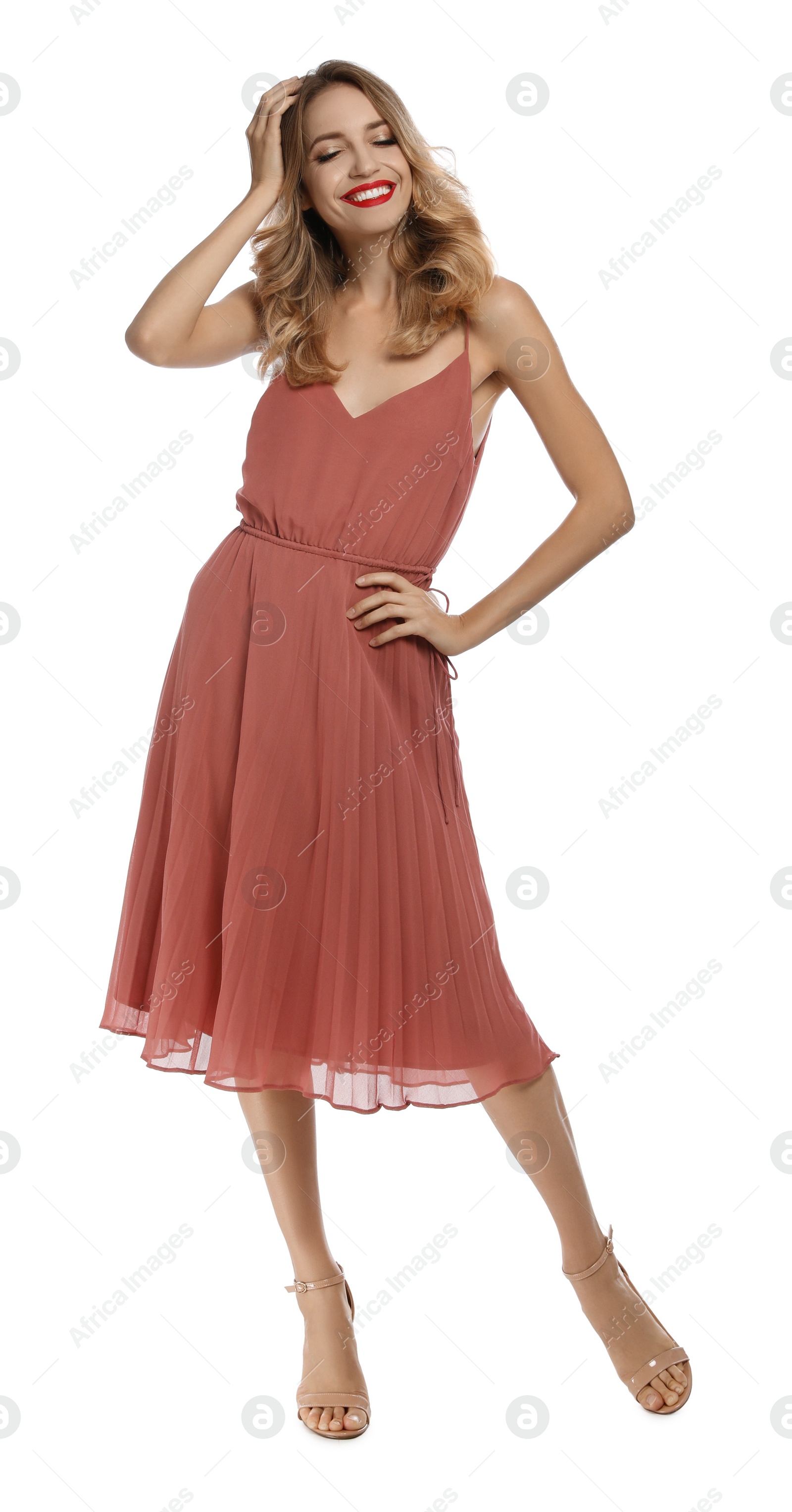 Photo of Happy young woman on white background. Christmas celebration