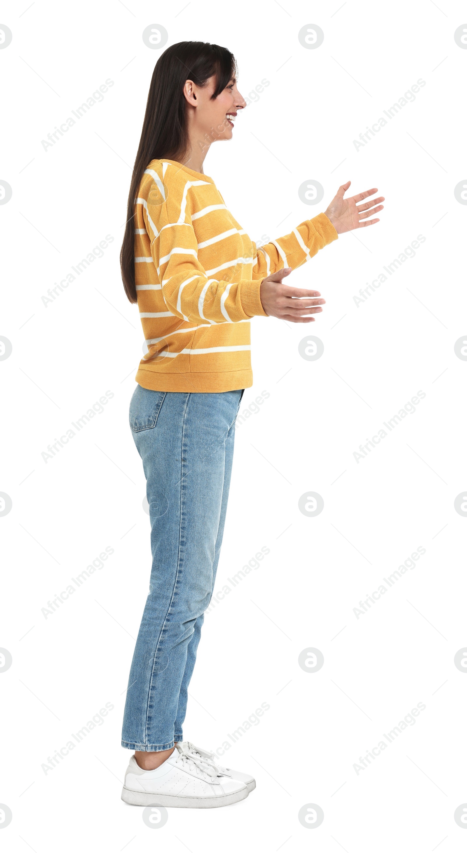 Photo of Happy woman greeting someone on white background