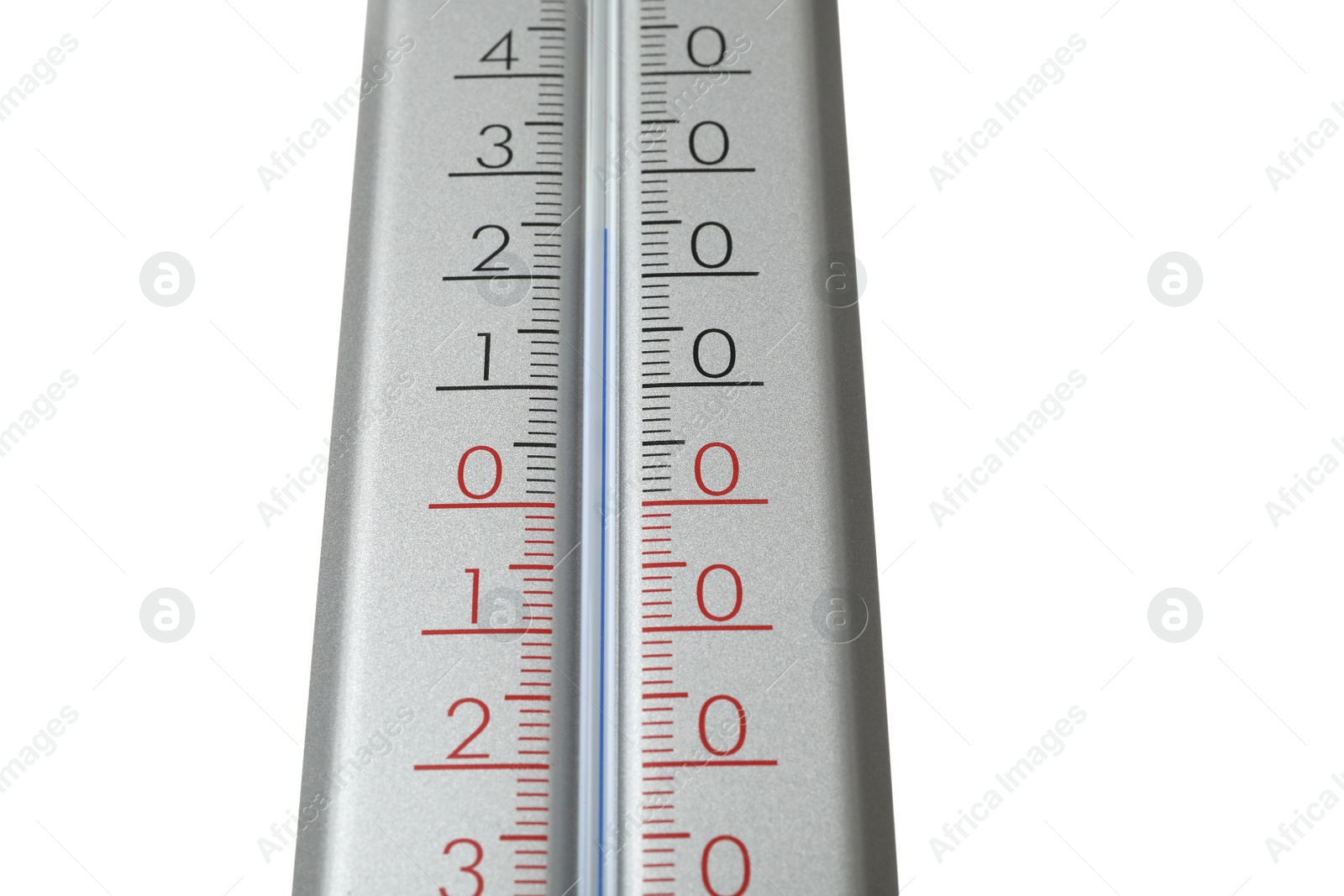 Photo of Modern grey weather thermometer on white background, closeup