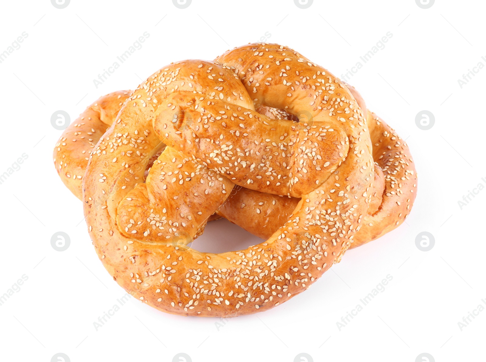 Photo of Tasty freshly baked pretzels on white background