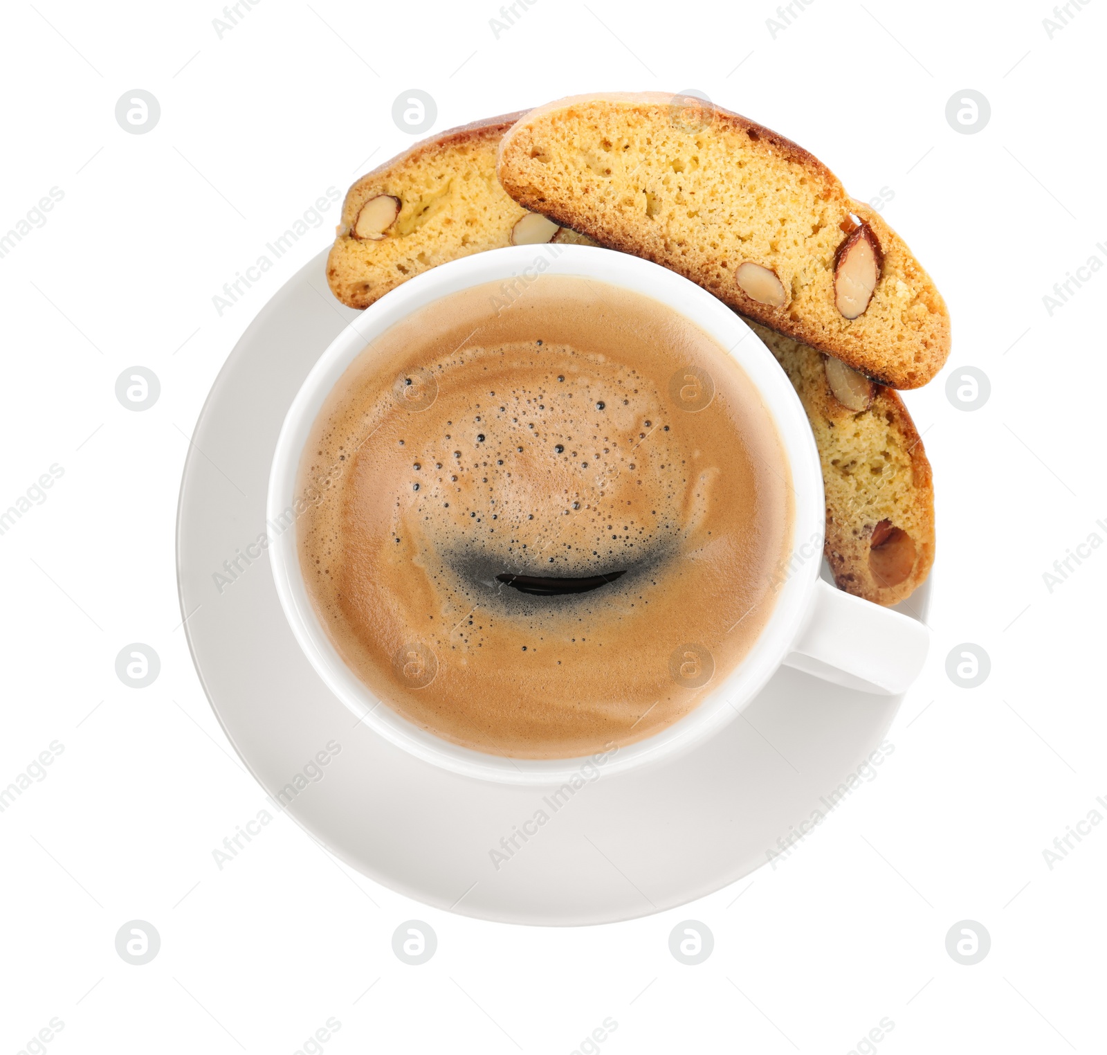 Photo of Tasty cantucci and cup of aromatic coffee on white background, top view. Traditional Italian almond biscuits